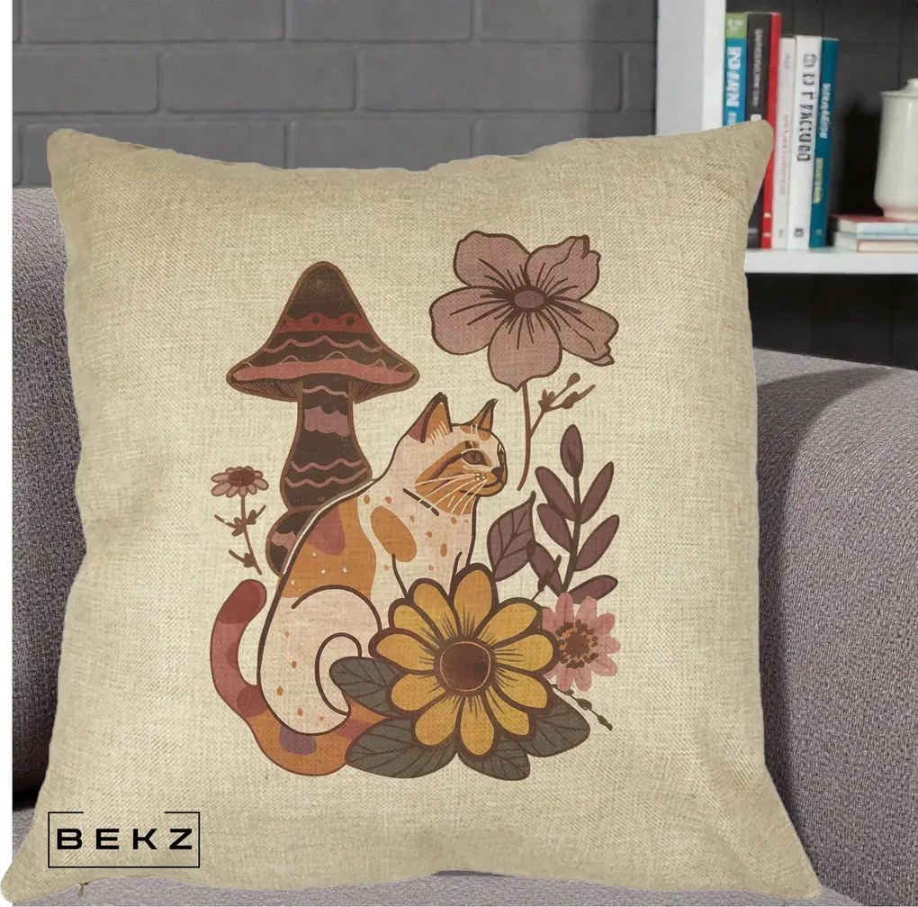 Perna Decorativa Pisica Vintage Florala Boho, 40x40 cm, Crem, Husa Detasabila, Perna Inclusa, BEKZ®