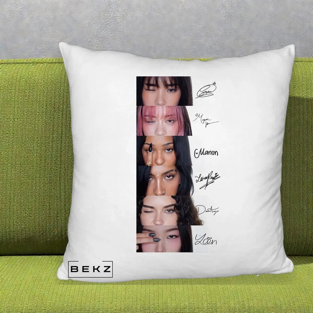 Perna Personalizata K-pop KATSEYE Semnaturi fara Foto, 40x40 cm, Alb Pufos, Husa Detasabila, Perna Inclusa, BEKZ®