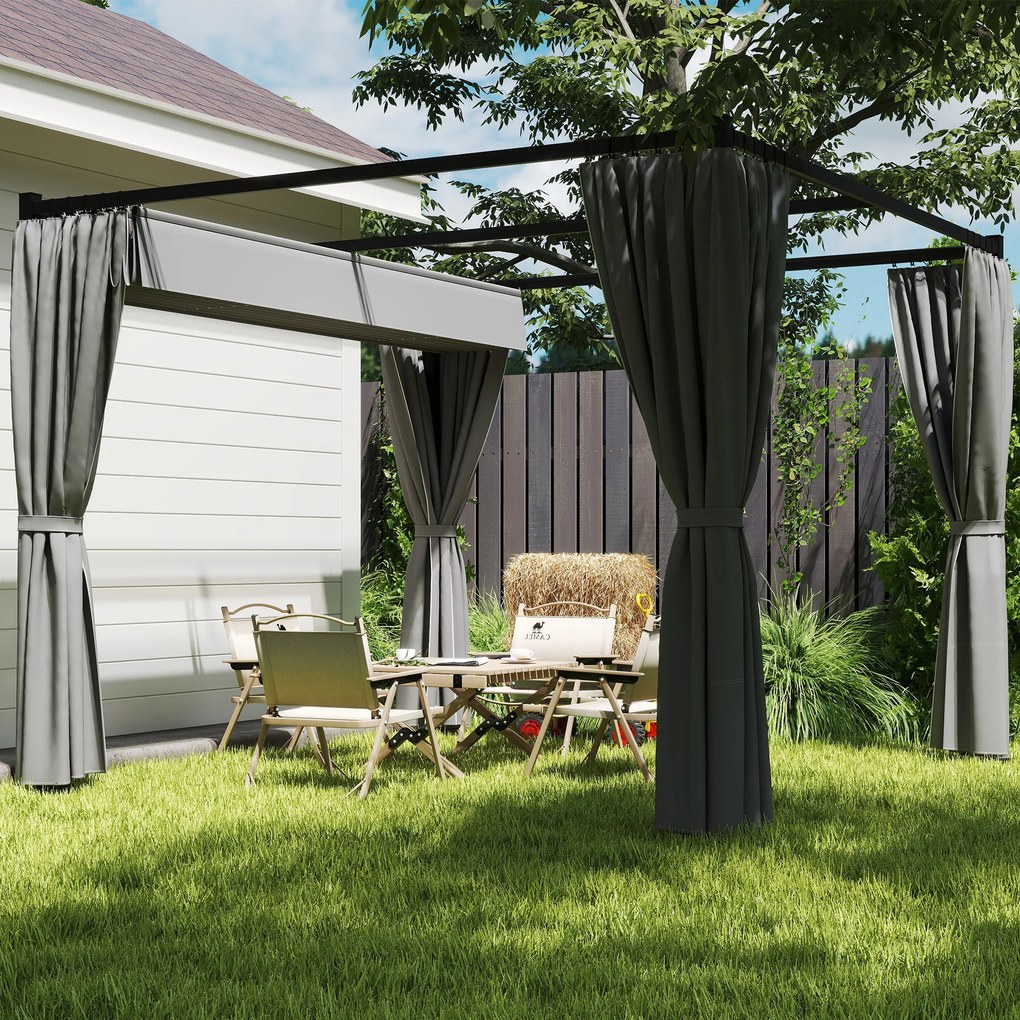 Outsunny Pergolă Retractabilă 3x3 m, Foișor de Grădină cu Perdele, pentru Grătar, Terasă, Deck, Bej | Aosom Romania