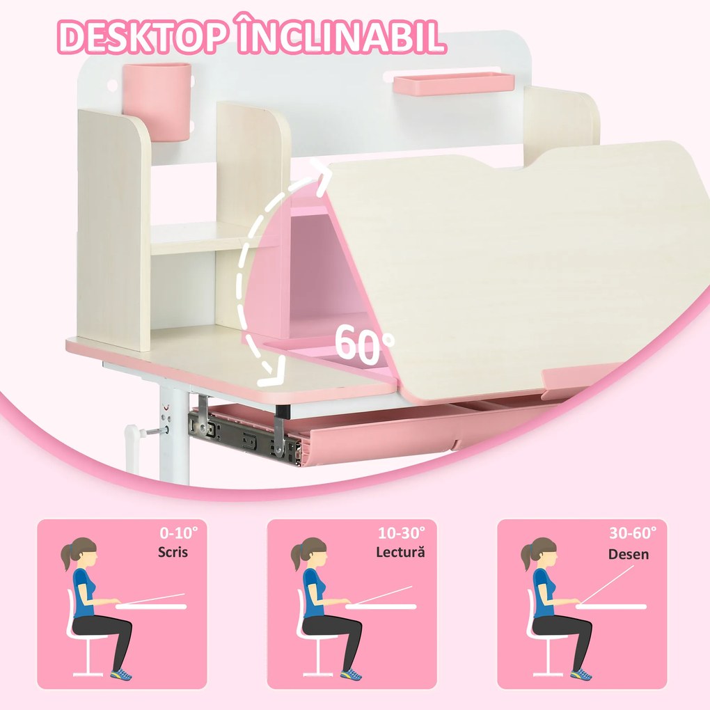 HOMCOM Set de Birou pentru Copii cu Înălțime Reglabilă, Masă de Studiu cu Raft și Spațiu de Depozitare, 80x52x88-109 cm, Roz | Aosom Romania
