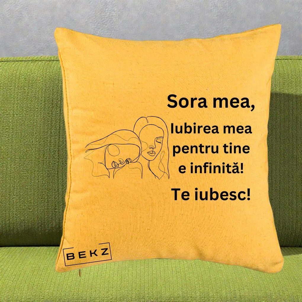 Cadou pentru Sora - Perna Personalizata Sora Mea Te Iubesc Line Art Portrete Fata in Fata, 40x40 cm, Galben, Husa Detasabila, Perna Inclusa, BEKZ®