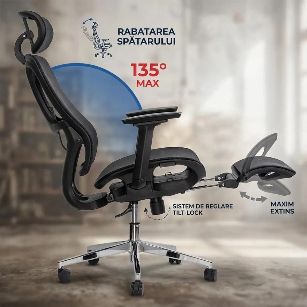 Scaun ergonomic SYYT 9519 negru, suport 150 kg și brațe 3D