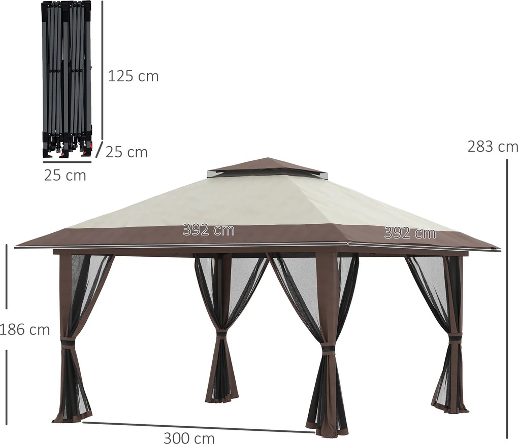 Outsunny Pavilion Pliabil Pop-Up 4x4 m cu Înălțime Reglabilă pe 3 Niveluri, Pavilion de Exterior cu Plasă de Țânțari, Saci de Nisip, Geantă de Transport, UV50+, pentru Grădină, Camping, Petreceri, Bej | Aosom Romania