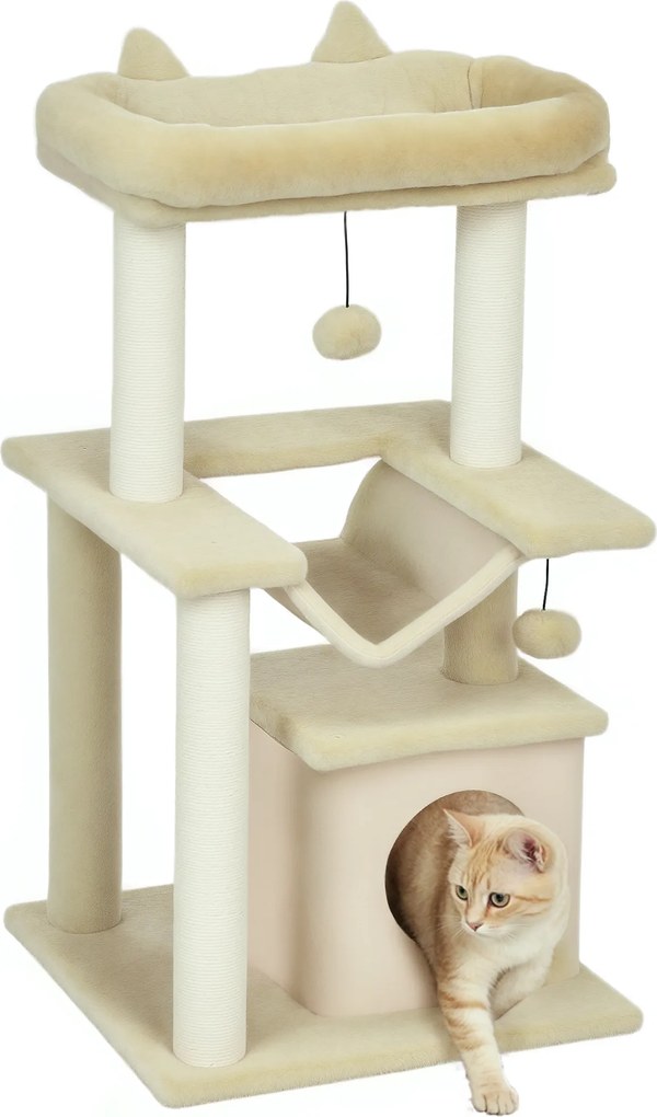 PawHut copac pentru pisici, copac de zgâriat cu jucărie, bară de odihnă, hamac, 48 x 48 x 90 cm, crem | Aosom Romania