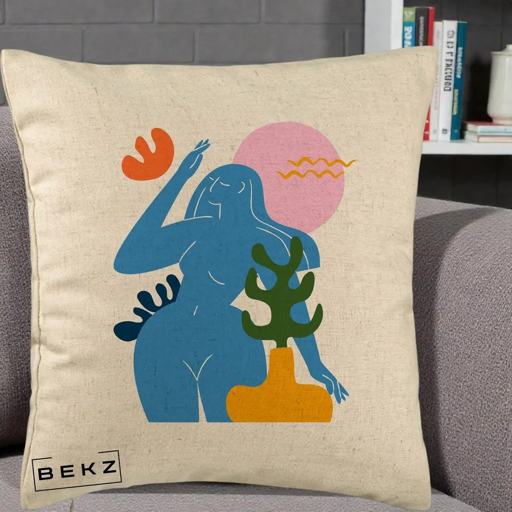 Perna Decorativa Femeie Albastra Cactus, 40x40 cm, Bej, Husa Detasabila, Perna Inclusa, BEKZ®
