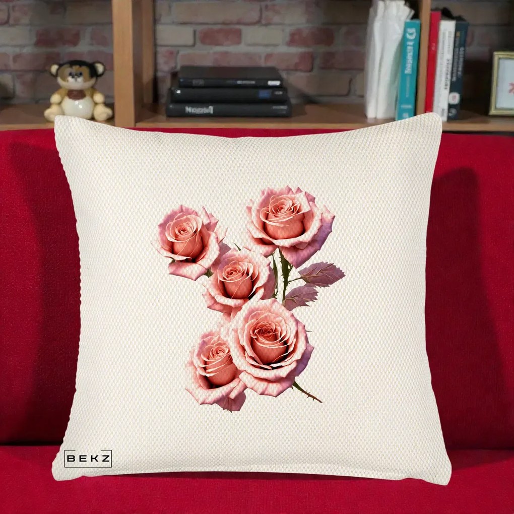 Perna Decorativa Trandafiri Roz Pastel Acuarela, 40x40 cm, Crem Reliefat, Husa Detasabila, Perna Inclusa, BEKZ®