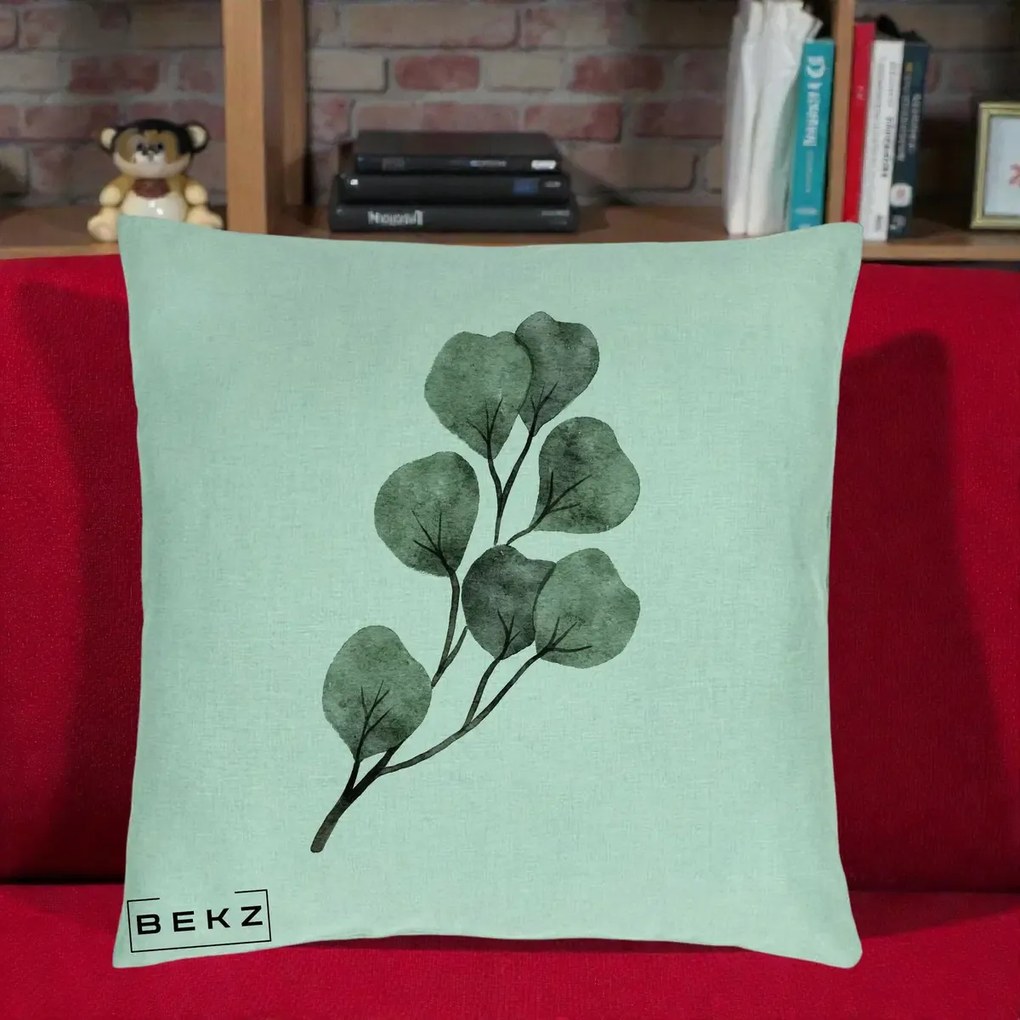 Perna Decorativa Ramura Eucalipt Acuarela, 40x40 cm, Verde Menta, Husa Detasabila, Perna Inclusa, BEKZ®