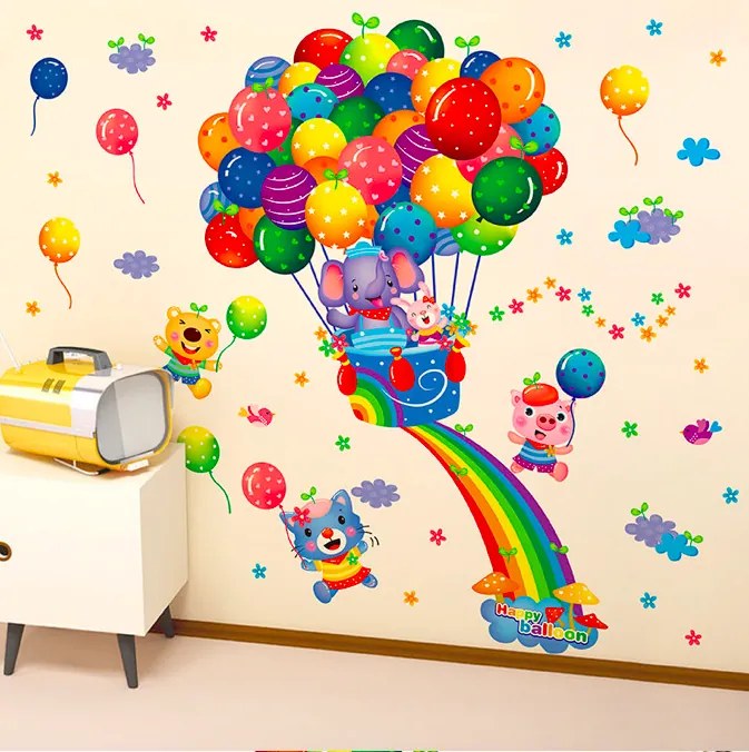Autocolant de perete "Animăluțe cu baloane" 53x63cm