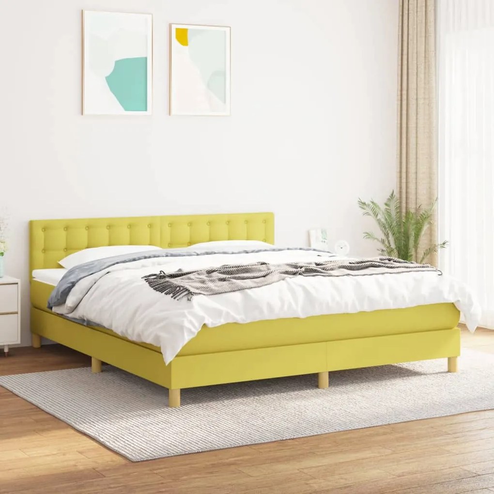 Pat box spring cu saltea, verde, 180x200 cm, textil Verde, 180 x 200 cm, Nasturi de tapiterie