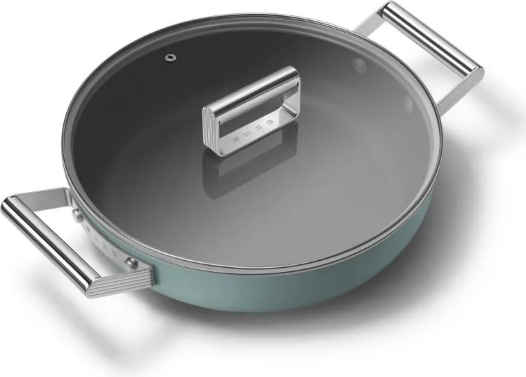 Oală puțin adâncă cu capac Smeg DPF2812EGM, 28 cm, 4,3 l, acoperire ceramică antiaderentă, potrivită pentru cuptor până la 250 °C, fără PFAS, compatibilă cu plitele cu inducție, verde smarald