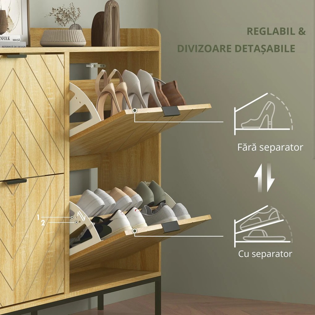 HOMCOM Mobila de pantofi 16 perechi cu 4 sertare, uși rabatabile, rafturi reglabile, 110 x 23,5 x 95,5 cm, stejar | Aosom Romania