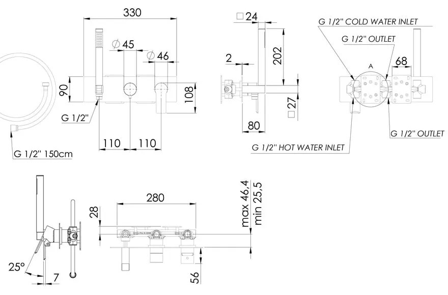 Baterie negru-mat pentru duș încastrată (3 ieșiri) Pax – Sapho