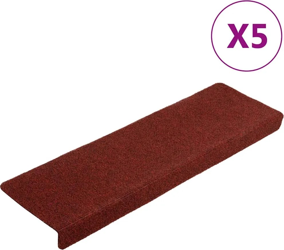 vidaXL Covorașe pentru scări autoadezive, 5 buc., 65x21x4 cm, margini dreptunghiulare, roșu bordeaux
