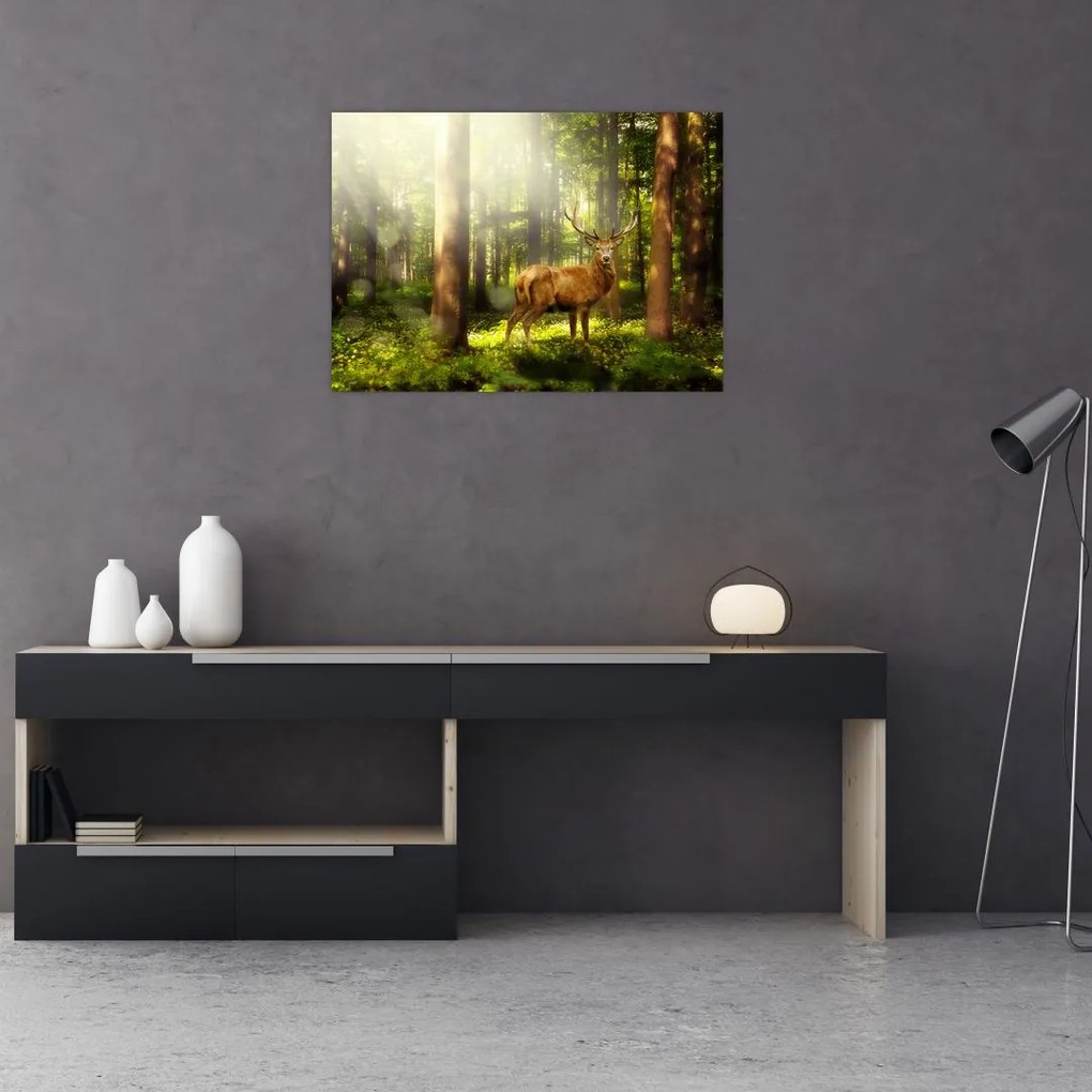 Tablou pe sticlă cu cerbul în pădure (70x50 cm)