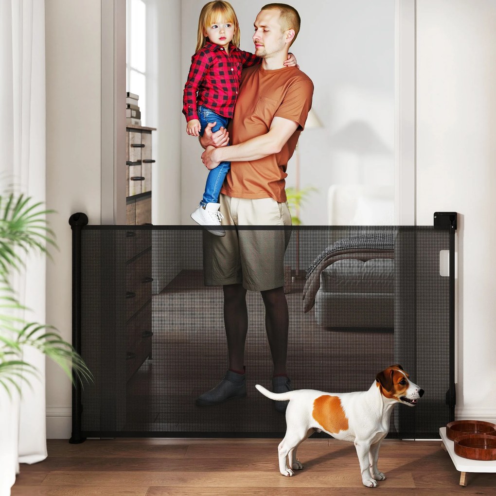 PawHut Barieră pentru câini retractabilă 0-140 cm Barieră de siguranță cu comutator de blocare pentru uși și scări Negru | Aosom Romania