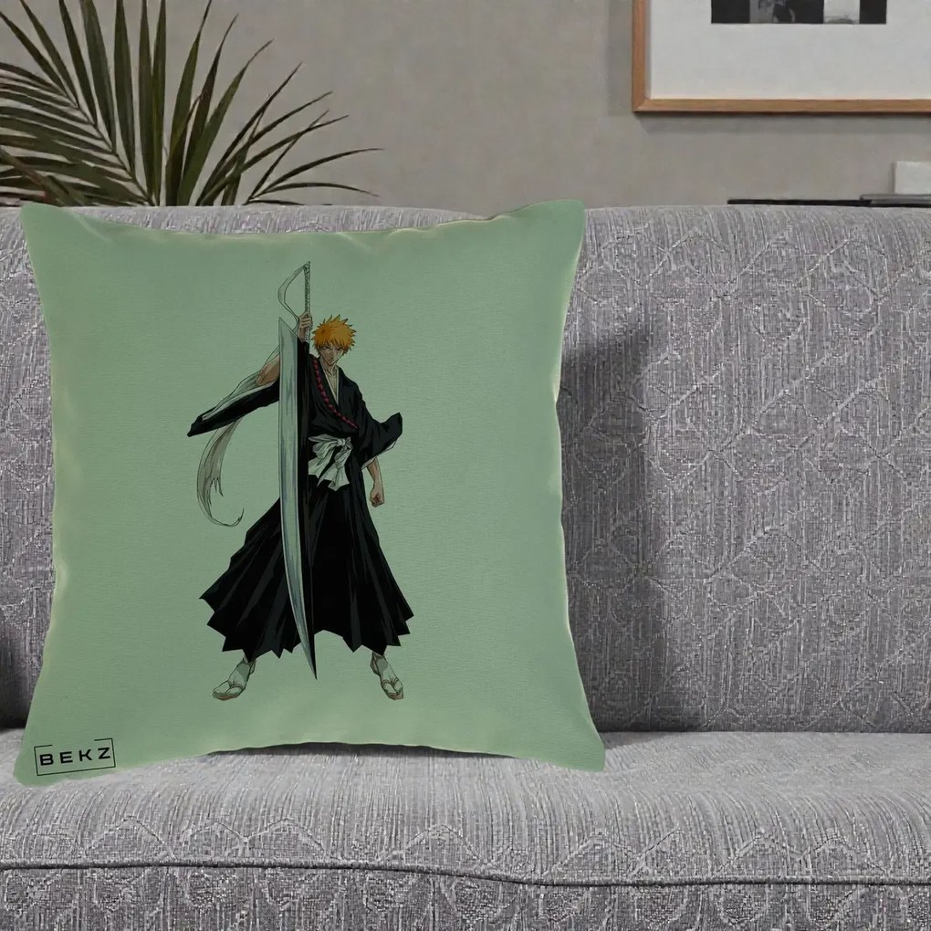 Perna Personalizata Bleach Ichigo Kurosaki Zangetsu, 40x40 cm, Verde, Husa Detasabila, Perna Inclusa, BEKZ®