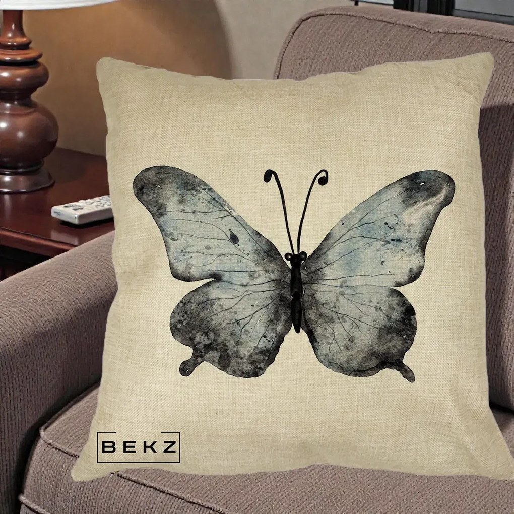 Perna Decorativa Fluture Acuarela Albastru-Gri, 40x40 cm, Crem, Husa Detasabila, Perna Inclusa, BEKZ®