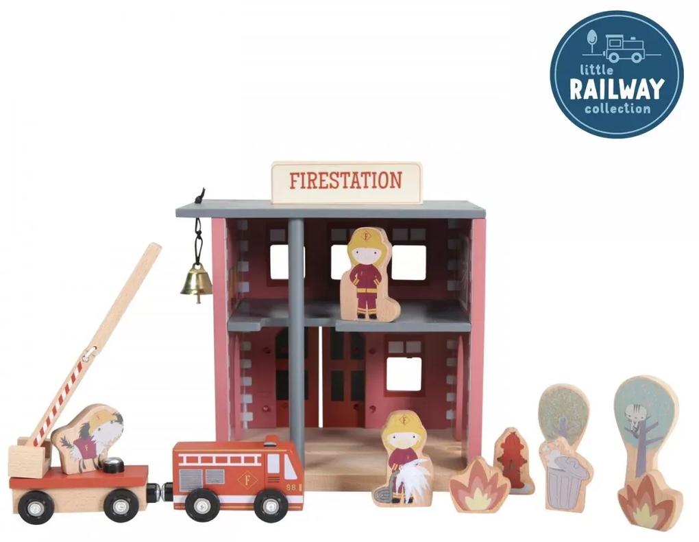 Little Dutch - Sectie de pompieri cu figurine din lemn - Extensie Little Railway Collection