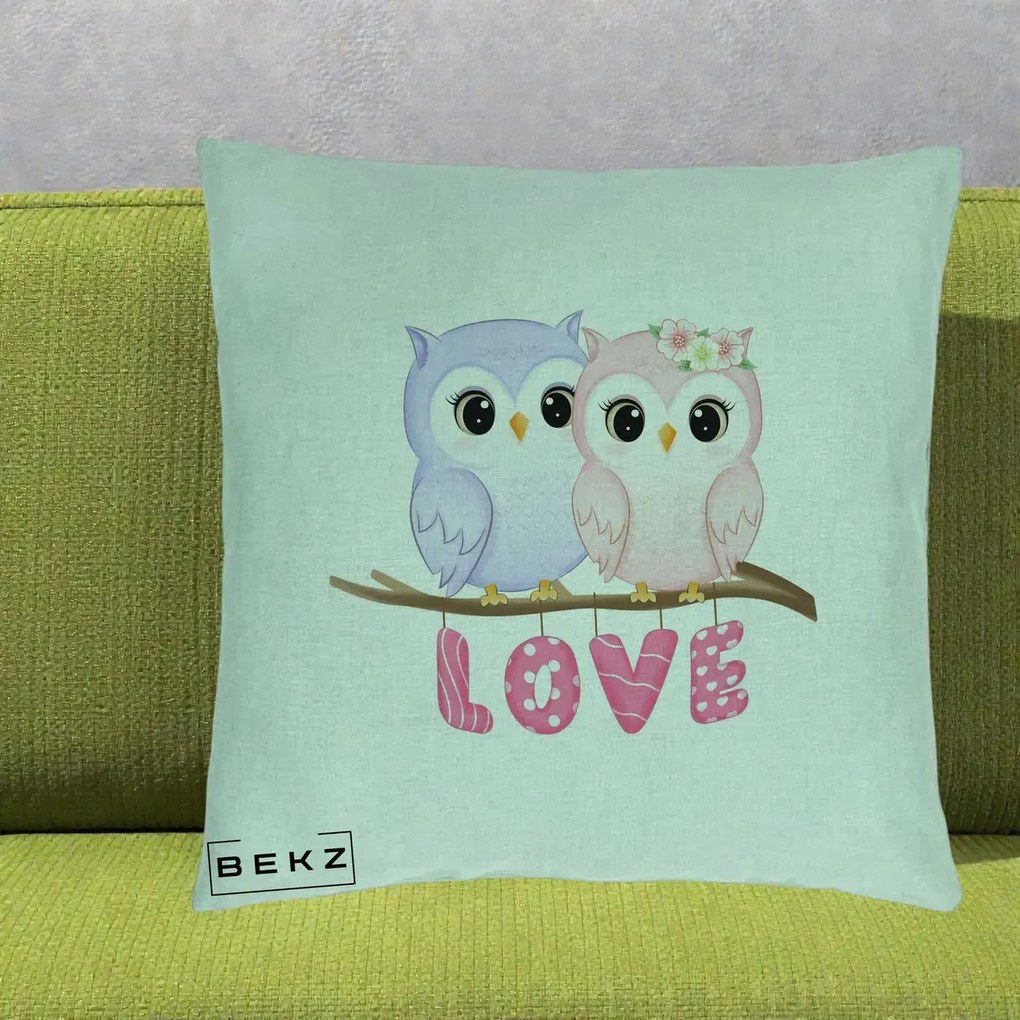 Perna Decorativa Love Bufnite Indragostite pe Crenguta Roz si Mov, 40x40 cm, Verde Menta, Husa Detasabila, Perna Inclusa, BEKZ®