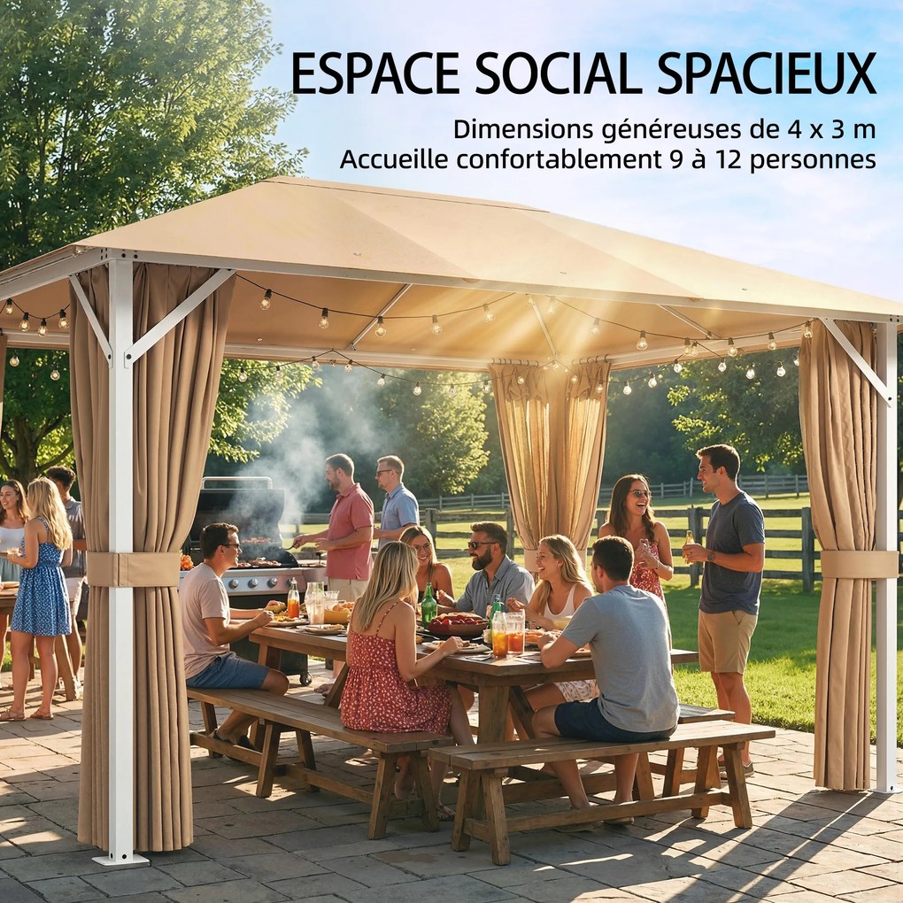 Outsunny Tonelă de Grădină Pavilion Structură Metalică Stabilă 60mm Protecție UV50+ și 10 Orificii de Drenaj 394x294x255cm kaki | Aosom Romania