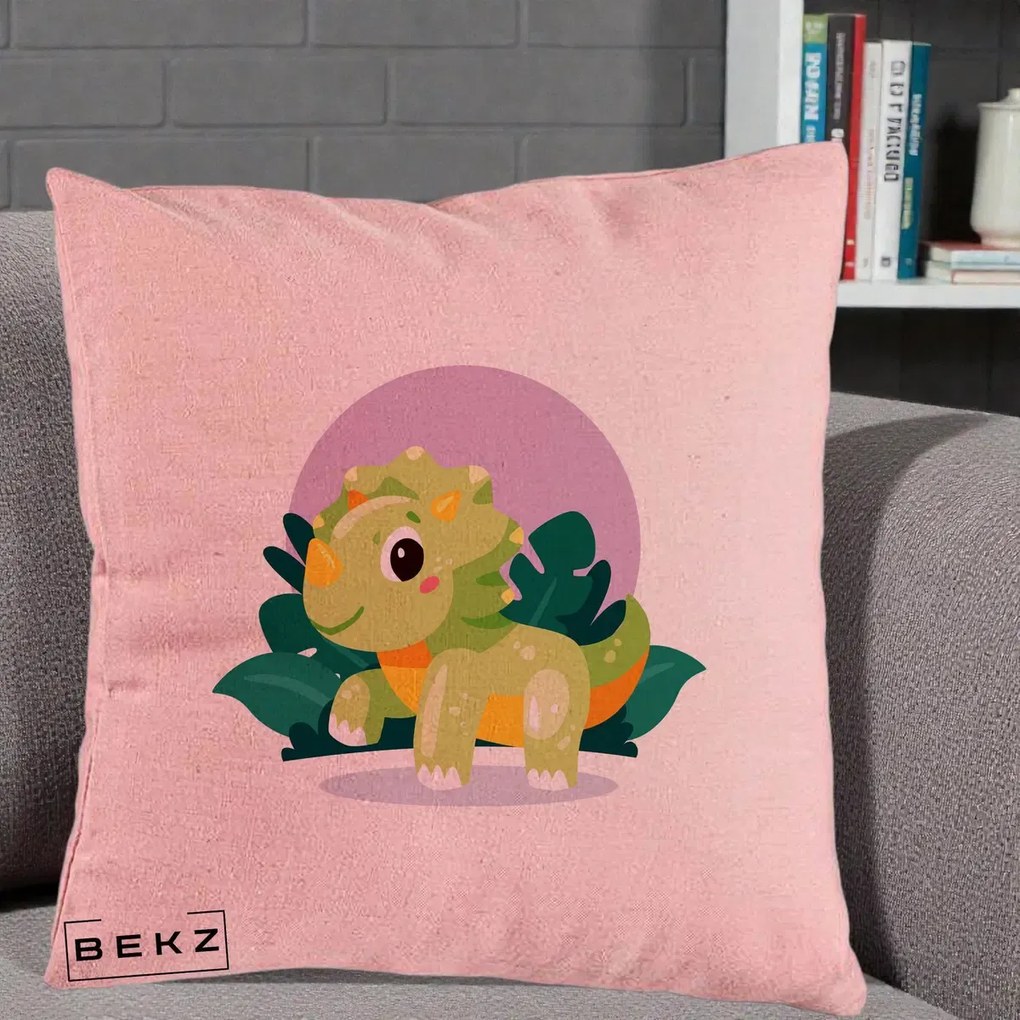 Perna Decorativa Triceratops Kawaii Verde, 40x40 cm, Roz, Husa Detasabila, Perna Inclusa, BEKZ®