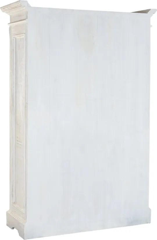 Vitrină clasică din lemn masiv de mango, alb, cu 2 uși vitrate, 3 rafturi și console sculptate, finisaj antichizat, 210 x 140 x 55 cm, „Blanco”