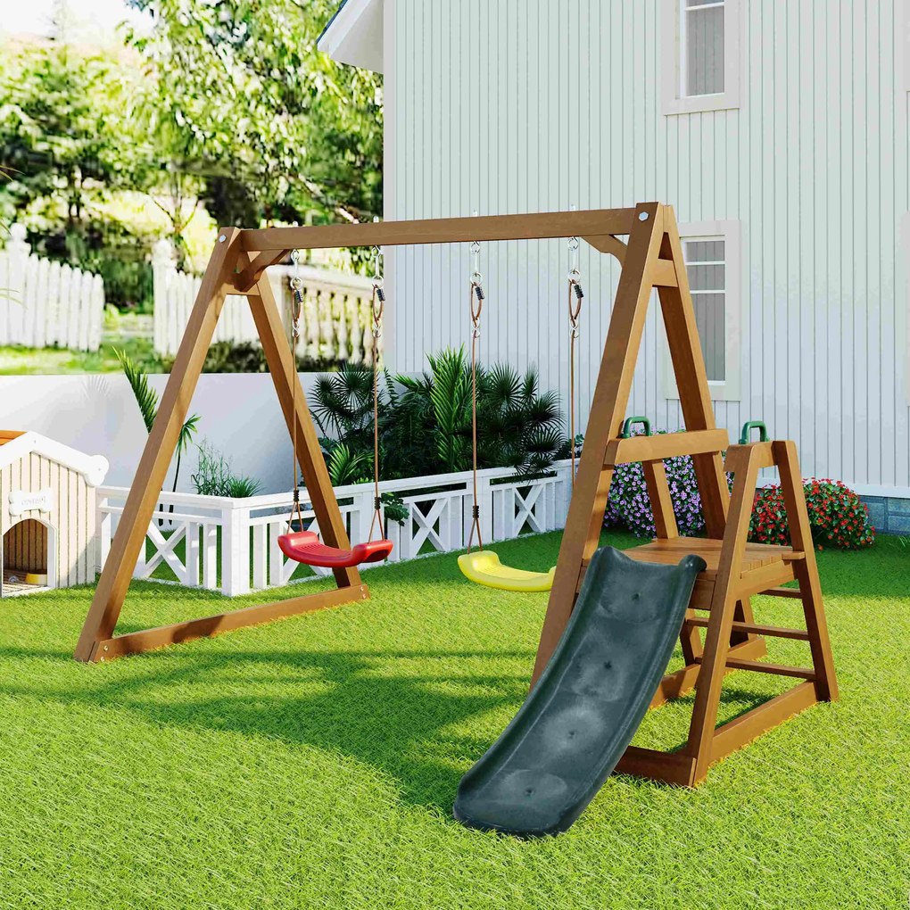Leagăn Dublu pentru Copii din Lemn Masiv cu Tobogan de Grădină și Scară de Cățărat, Structură de Exterior, 239x240x169 cm, Natural