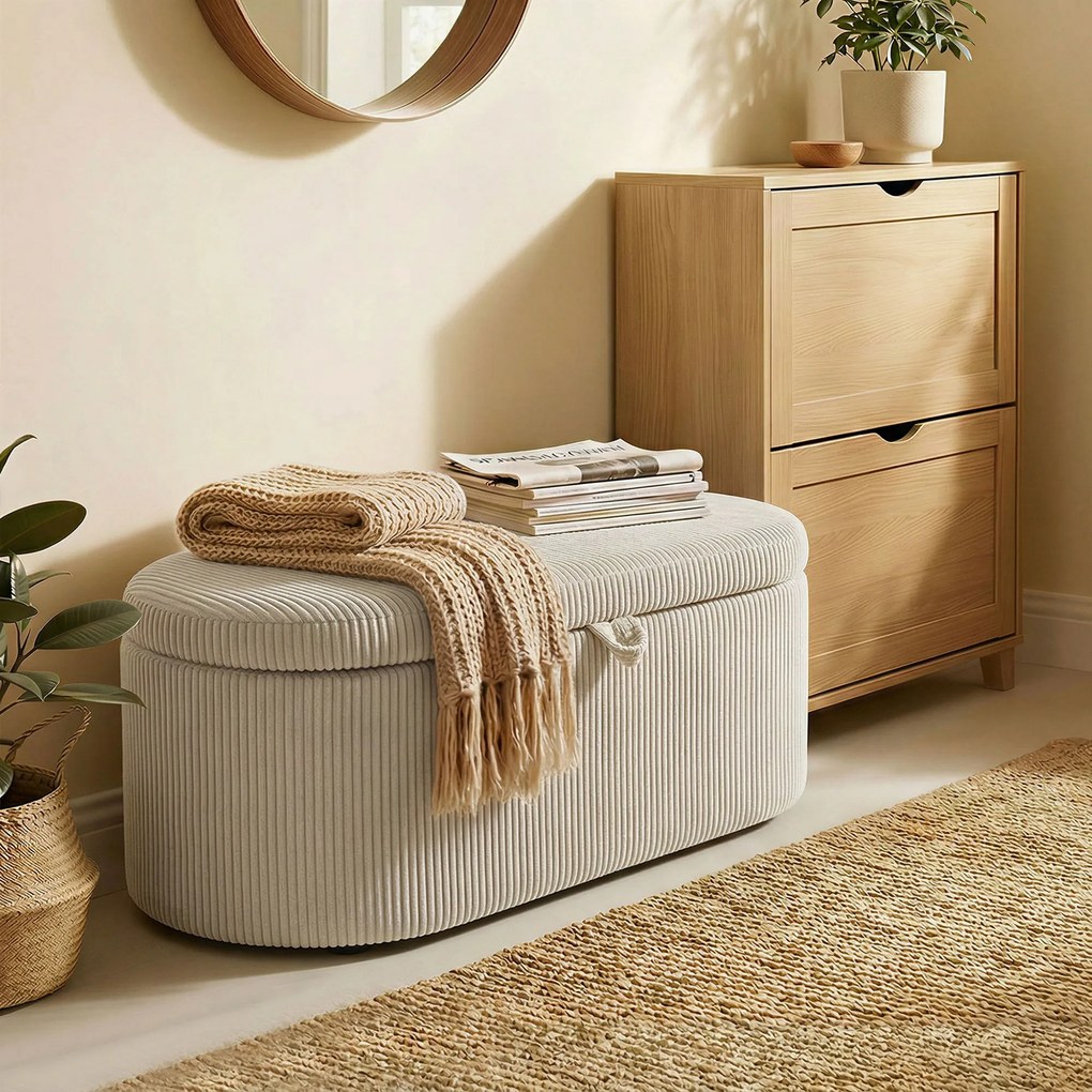 HOMCOM Ottomană de depozitare, tapițerie din cord cu șezut căptușit, bancă la capătul patului, 105 x 51 x 49 cm, Bej | Aosom Romania