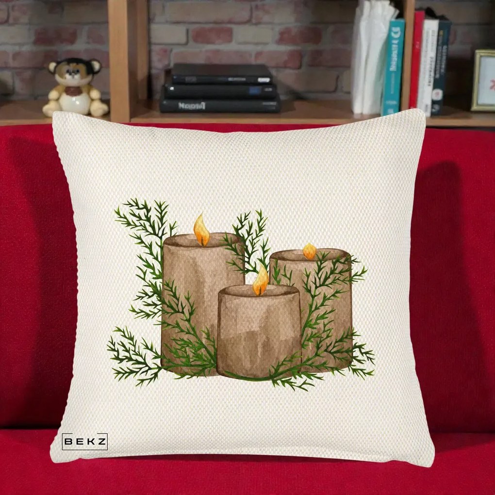 Perna Decorativa Lumanari Rustice cu Crengute Brad, 40x40 cm, Crem Reliefat, Husa Detasabila, Perna Inclusa, BEKZ®