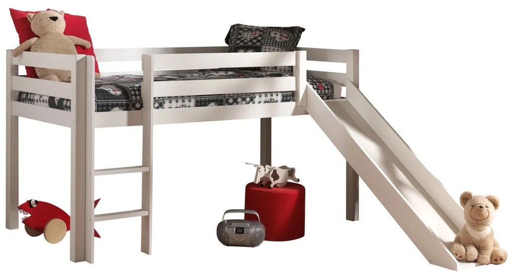 Pat înălțat copii VIPACK Pino cu tobogan, 90 x 200 cm, alb, înălțime 115 cm