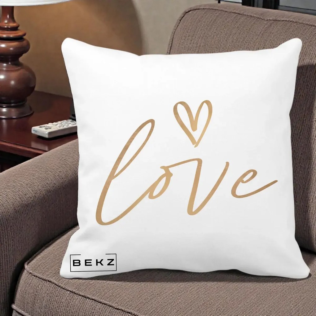 Perna Decorativa Love Caligrafie Aurie, 40x40 cm, Alba Mata, Husa Detasabila, Perna Inclusa, BEKZ®