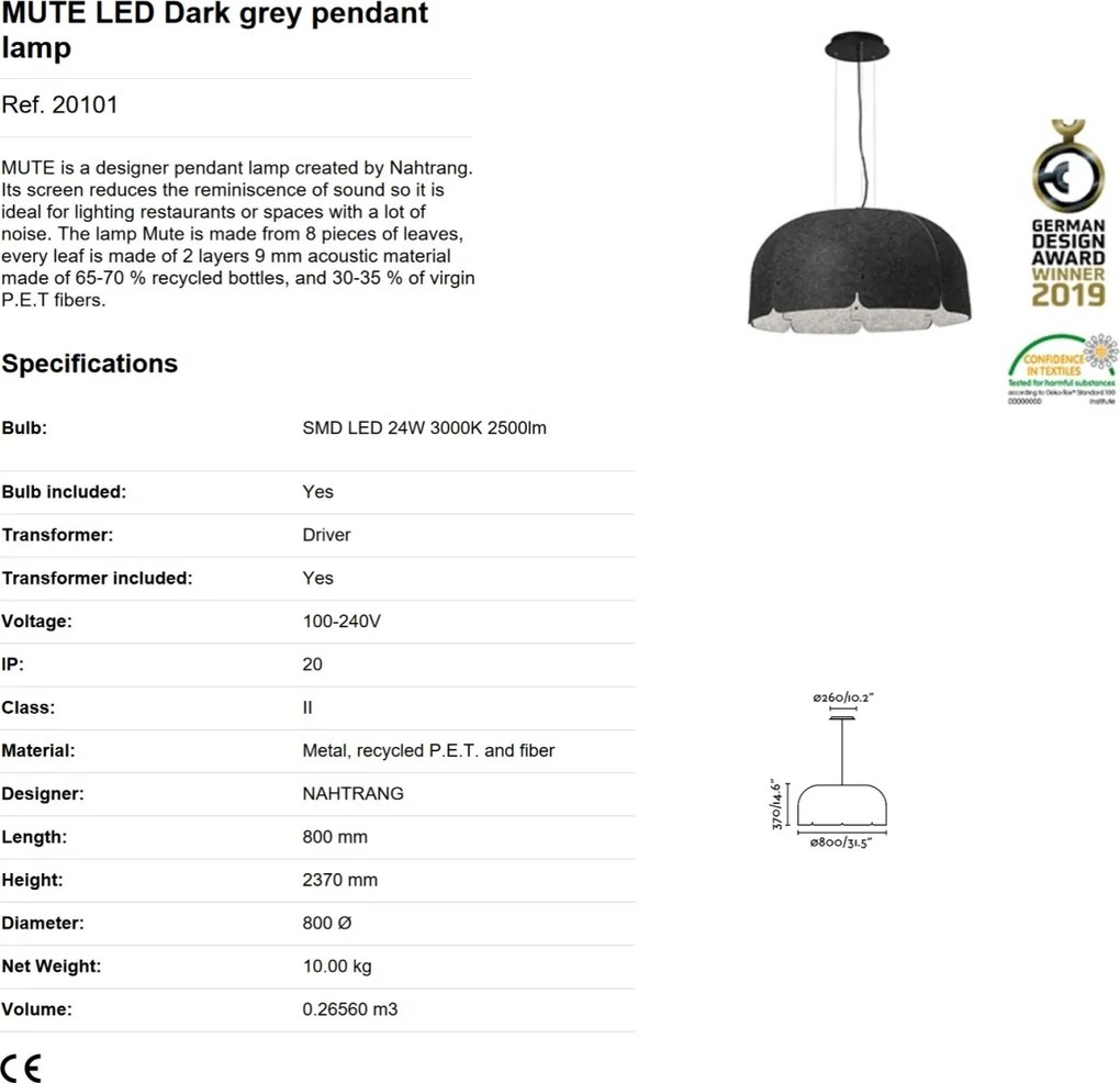 Lustra LED moderna design eco Ø80cm MUTE 3000K gri inchis / gri