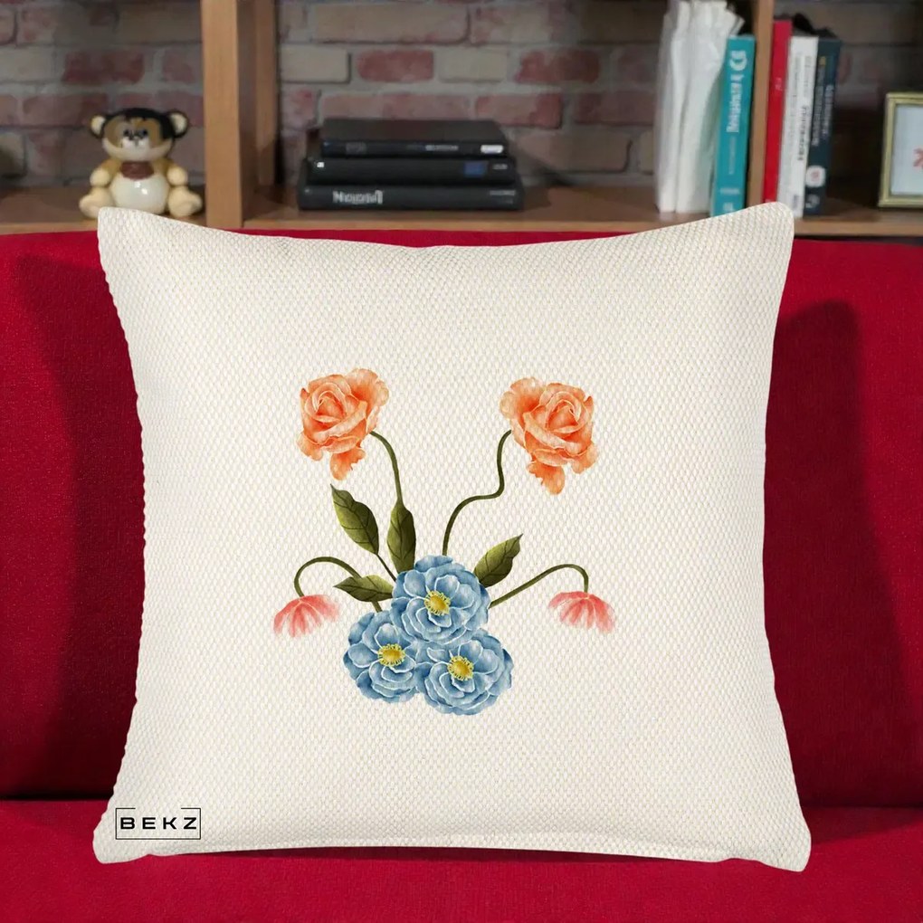 Perna Decorativa Trandafiri si Bujori Acuarela, 40x40 cm, Crem Reliefat, Husa Detasabila, Perna Inclusa, BEKZ®