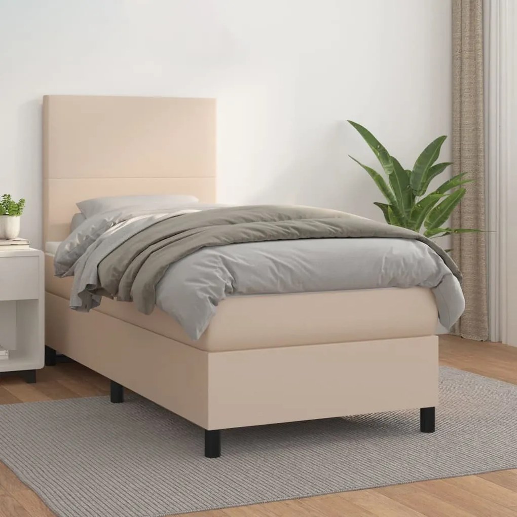 3142700 vidaXL Pat box spring cu saltea, cappuccino, 90x190 cm piele ecologică