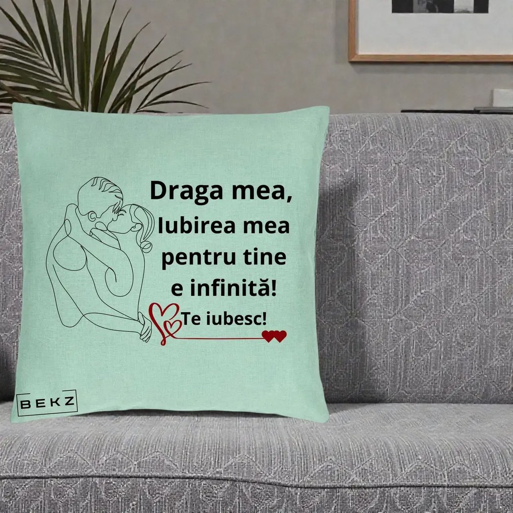 Cadou pentru Iubita - Perna Personalizata Draga Mea Iubirea Mea pentru Tine e Infinita Te Iubesc, 40x40 cm, Verde Menta, Husa Detasabila, Perna Inclusa, BEKZ®