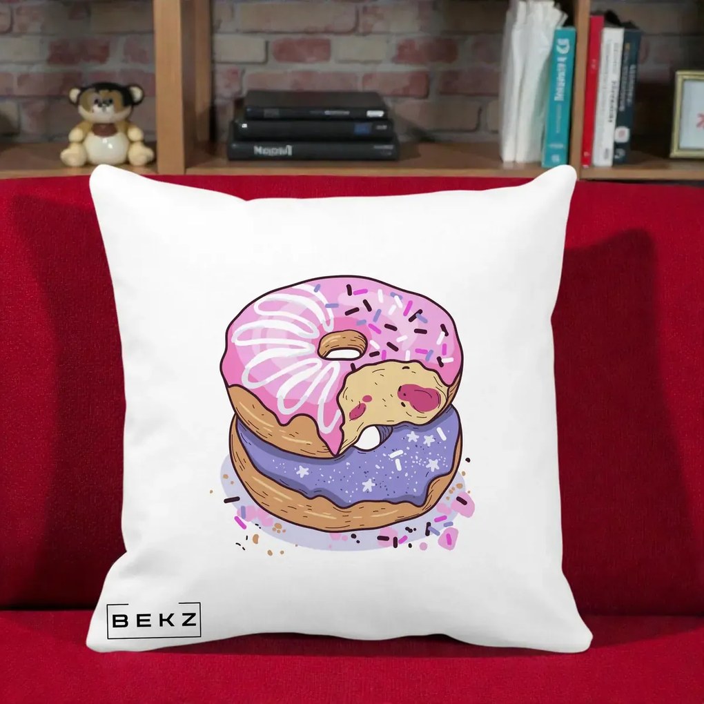 Perna Decorativa Donuts Roz si Mov, 40x40 cm, Alba Mata, Husa Detasabila, Perna Inclusa, BEKZ®