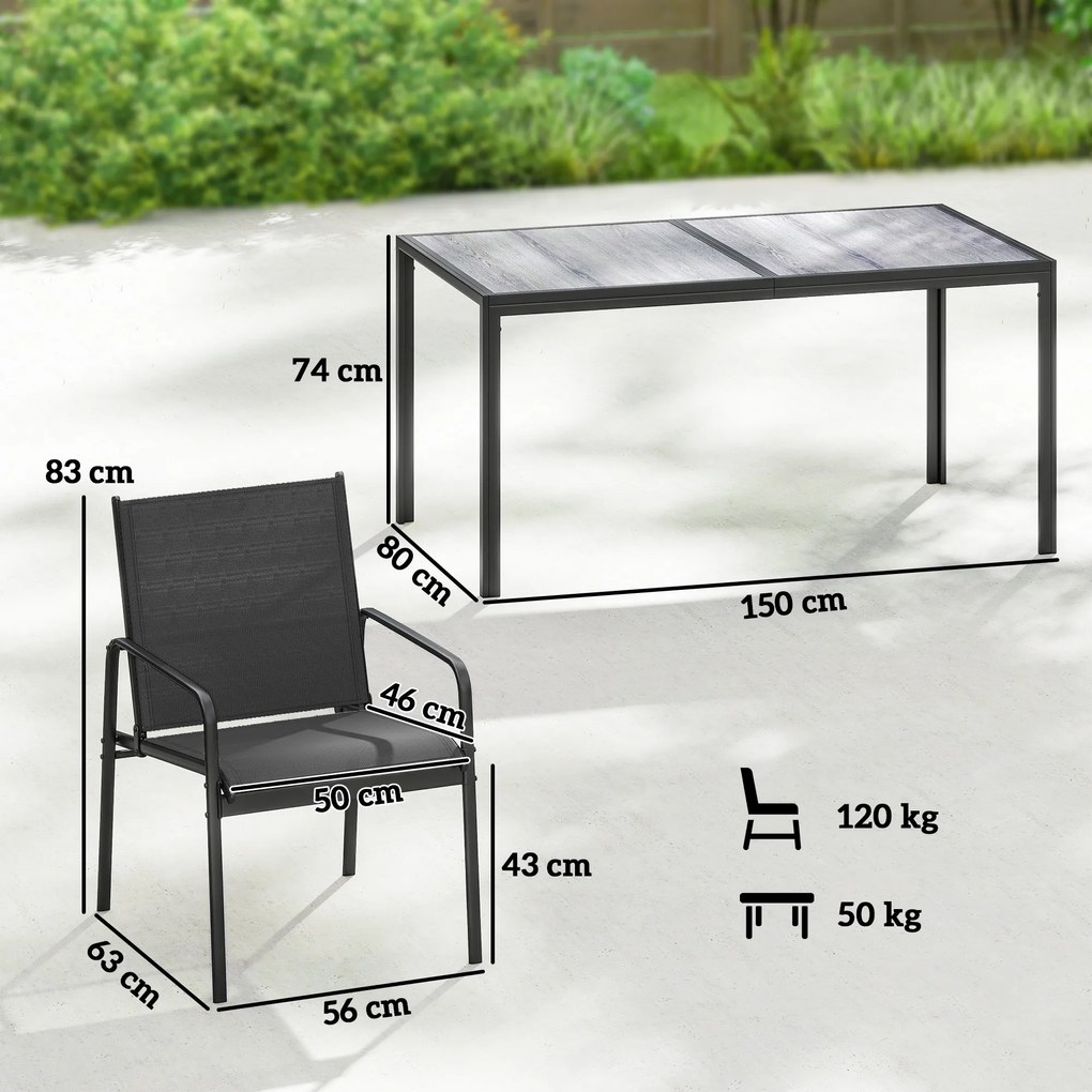 Outsunny Set de Prânz pentru Exterior, 7 Piese pentru 6 Persoane, Masă cu Efect de Lemn și Scaune cu Șezut Respirabil, Set Mobilier de Grădină cu Cadru din Oțel Galvanizat, Negru | Aosom Romania