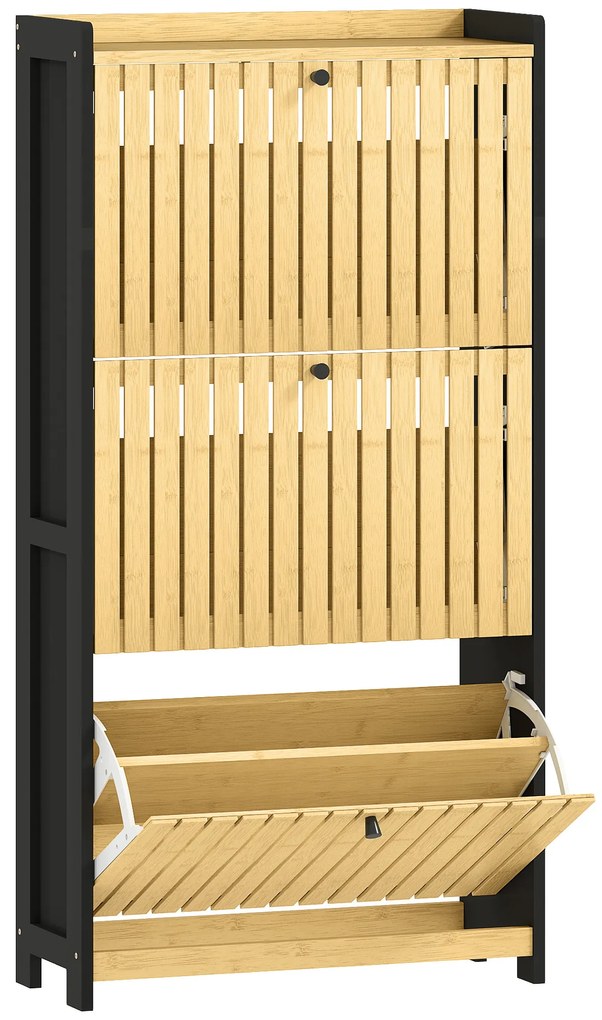 HOMCOM Mobila pentru pantofi 18 perechi cu 3 sertare rabatabile, uși din bambus cu lamele, 60x24x118cm, negru și lemn natural | Aosom Romania