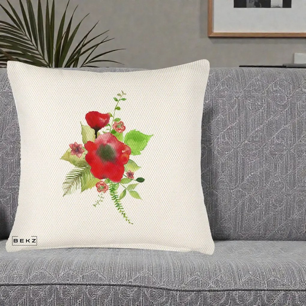 Perna Decorativa Buchet Rosu Acuarela, 40x40 cm, Crem Reliefat, Husa Detasabila, Perna Inclusa, BEKZ®