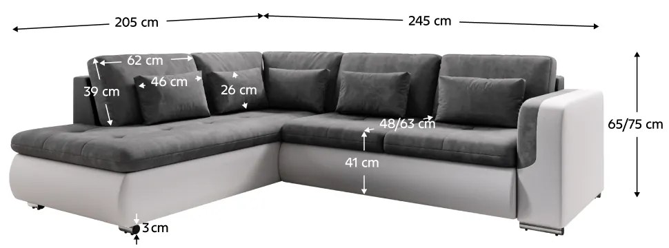 Canapea extensibilă, alb/gri, stânga, FURUD L ROH