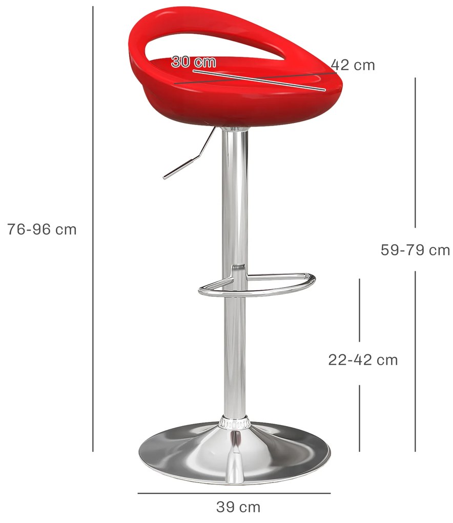 HOMCOM Set 2 Scaune de Bar Rotative cu Suport pentru Picioare și Înălțime Reglabilă, 46x41x76-96 cm, Roșu | Aosom Romania