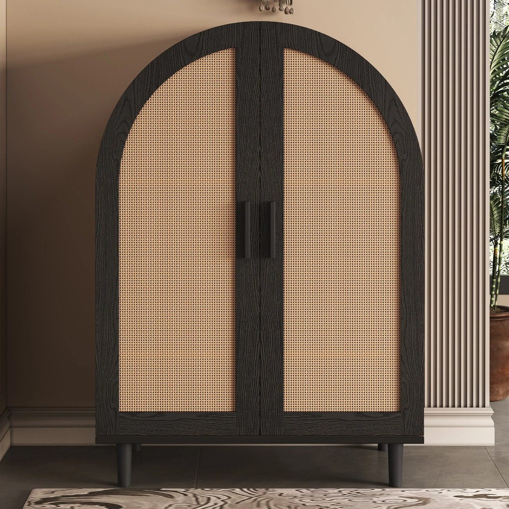 Dulap pentru pantofi cu exterior rotunjit, uși din ratan decupate și 3 rafturi, 70x40x100 cm, Culoare naturală+Negru