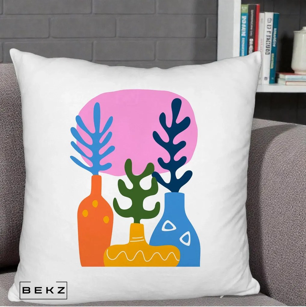 Perna Decorativa Vaze Botanice Abstract, 40x40 cm, Alb Pufos, Husa Detasabila, Perna Inclusa, BEKZ®