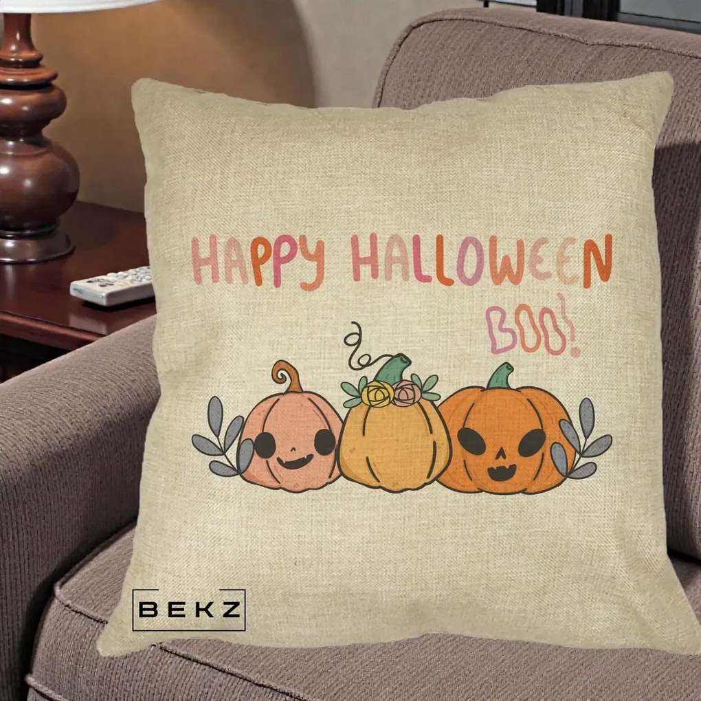 Perna Decorativa Happy Halloween Boo Trei Dovlecei Kawaii, 40x40 cm, Crem, Husa Detasabila, Perna Inclusa, BEKZ®