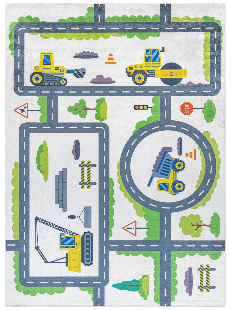 BAMBINO 2338 covor lavabil Excavator, străzi pentru copii anti-alunecare - alb / verde
