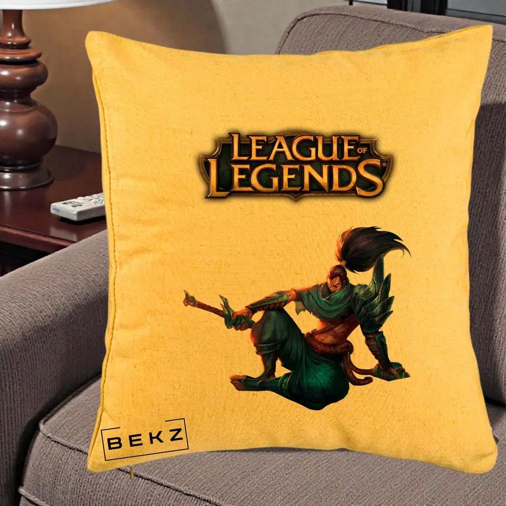 Perna Personalizata League of Legends Yasuo, 40x40 cm, Galben, Husa Detasabila, Perna Inclusa, BEKZ®