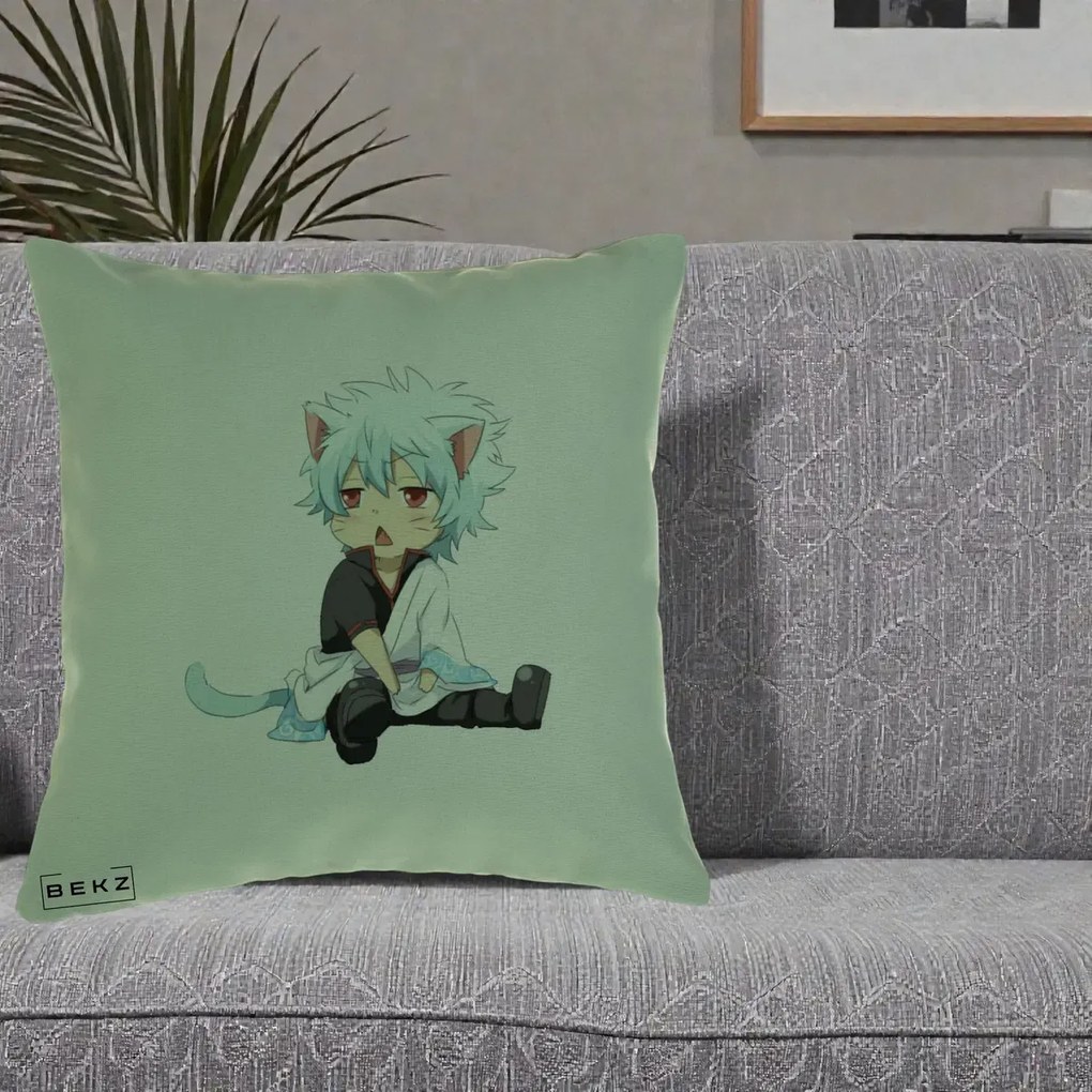 Perna Personalizata Gintama Gintoki Chibi Pisica, 40x40 cm, Verde, Husa Detasabila, Perna Inclusa, BEKZ®