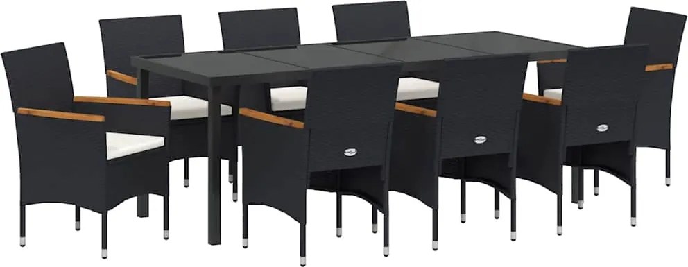 vidaXL Set de masă pentru grădină cu pernă 9 pcs Negru poliratan