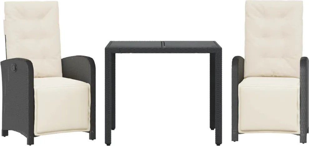 vidaXL Set bistro cu perne, 3 piese, negru, poliratan