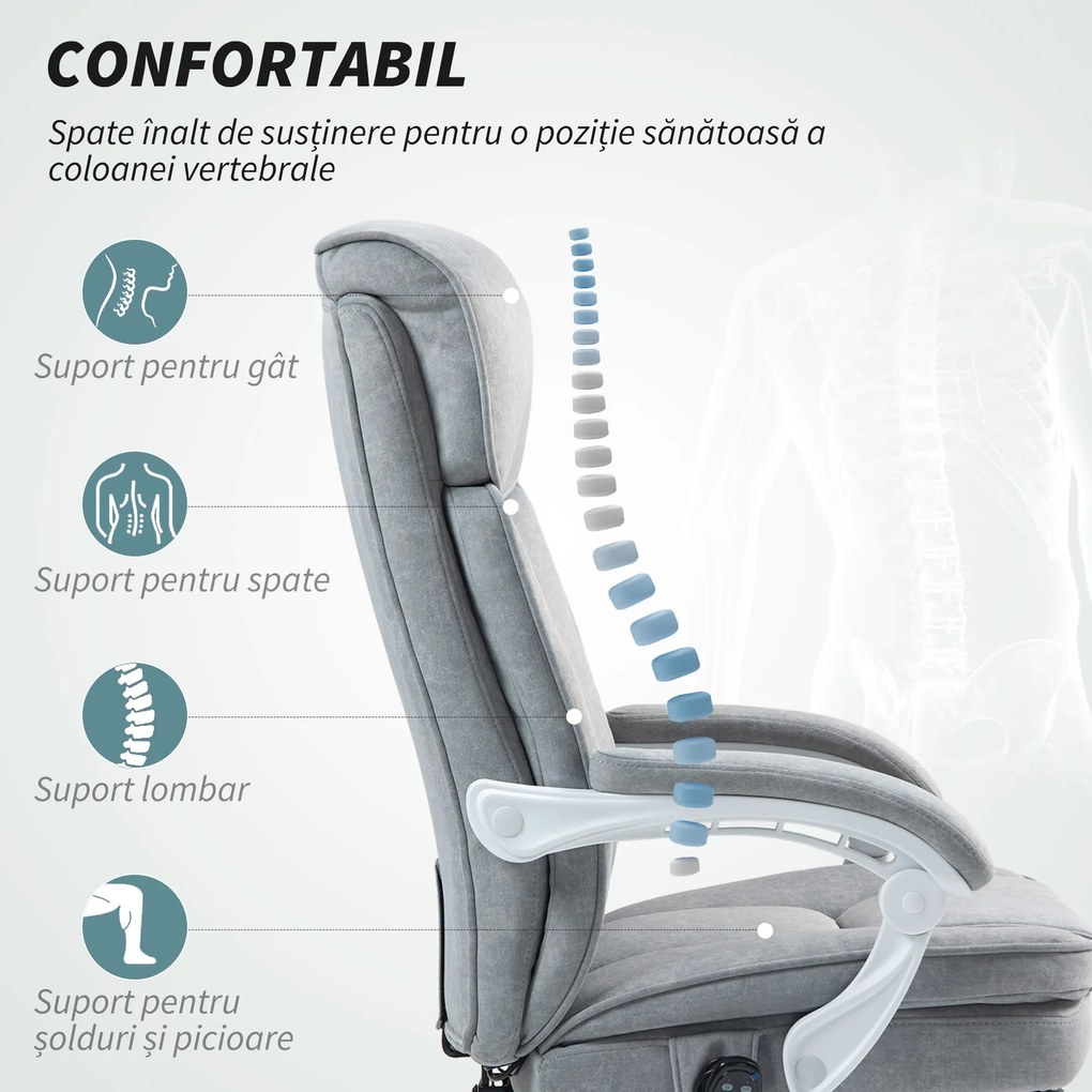 HOMCOM Scaun de Birou cu Masaj prin Vibrații, Roți Pivotante și Înălțime Reglabilă, 66x60x113-121 cm, Gri | Aosom Romania